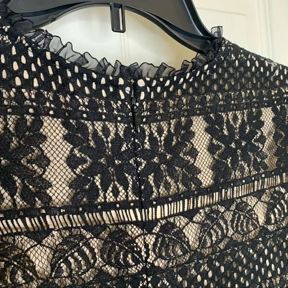 PARKER LACE RUFFLE LONG SLEEVE CONTRAST DRESS BLACK Size Medium